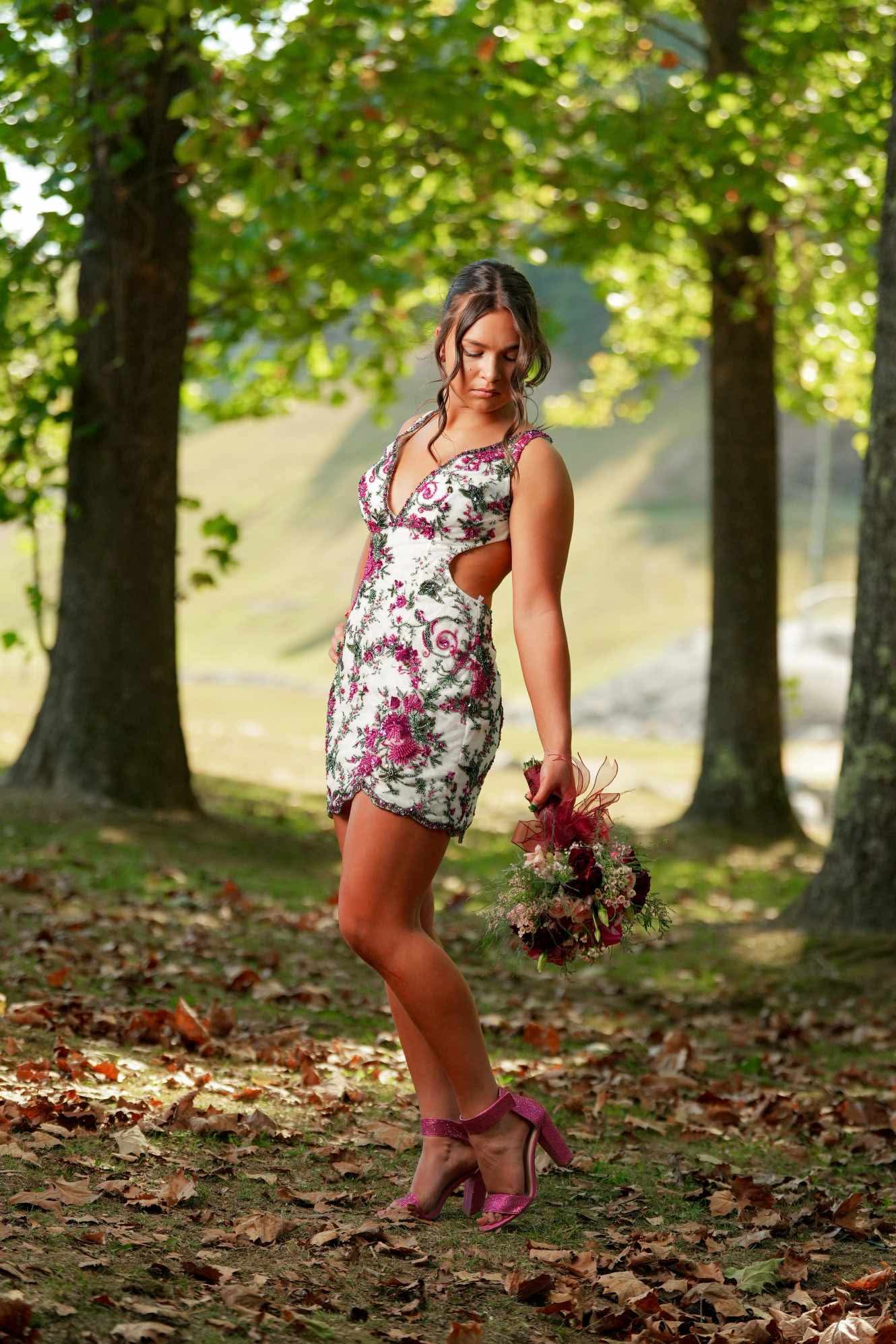 Homecoming dress with pink floral beading and cutout